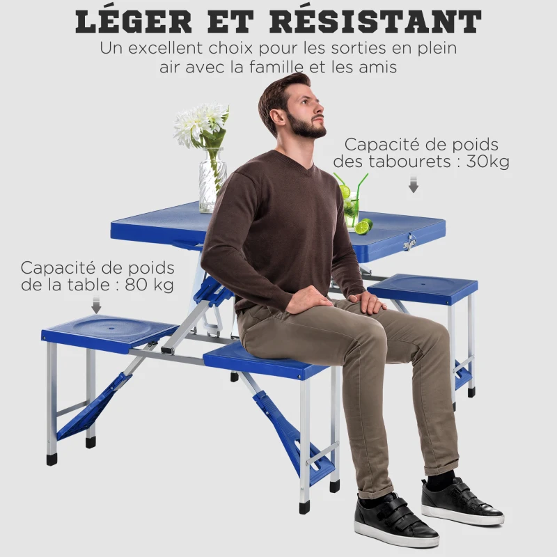 Outsunny Table de Camping Pique-Nique Pliante Portable en Plastique avec 4 sieges Bleu