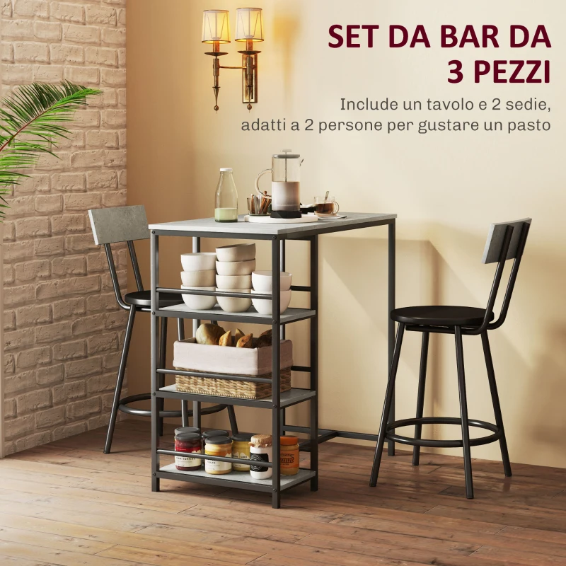 HOMCOM Set da Pranzo 3 Pezzi con Bancone Bar con Ripiani e 2 Sedie Alte con Schienale, Grigio Chiaro