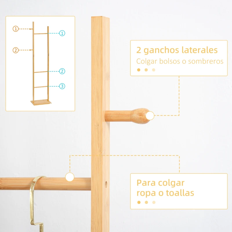 HOMCOM Perchero de Pie de Bambú Estilo Moderno con Ganchos y Barras para Entrada Pasillo Dormitorio 36x24x168 cm Natural