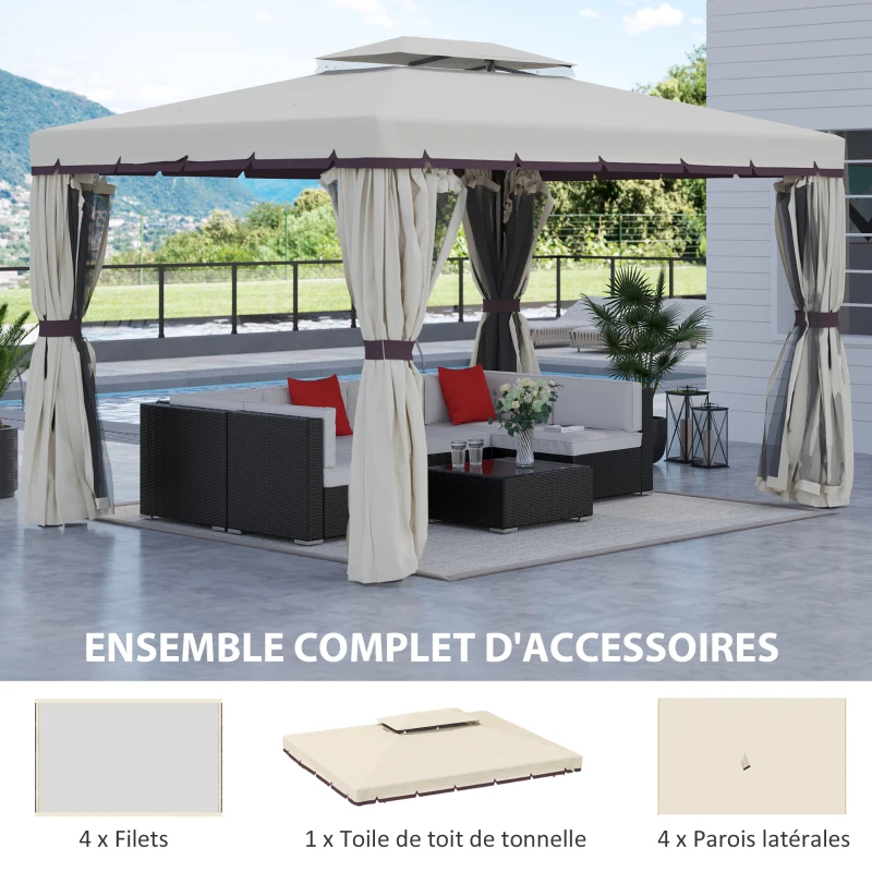 Outsunny Toile de rechange pour pavillon tonnelle tente polyester haute densité 4 rideaux 4 moustiquaires 389 x 290 cm beige