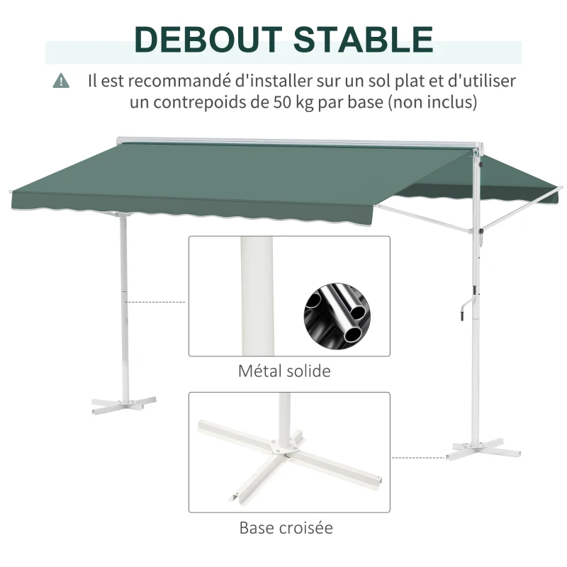 Outsunny Store Double Pente 4 x 3 m Manuel rétractable Inclinaison réglable métal Polyester imperméabilisé Vert foncé