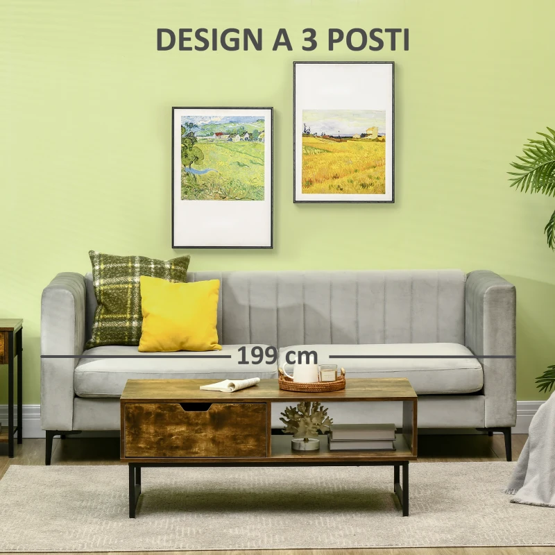 HOMCOM Divano 3 Posti in Velluto Grigio con 5 Piedini e Doghe, 199x72x75cm