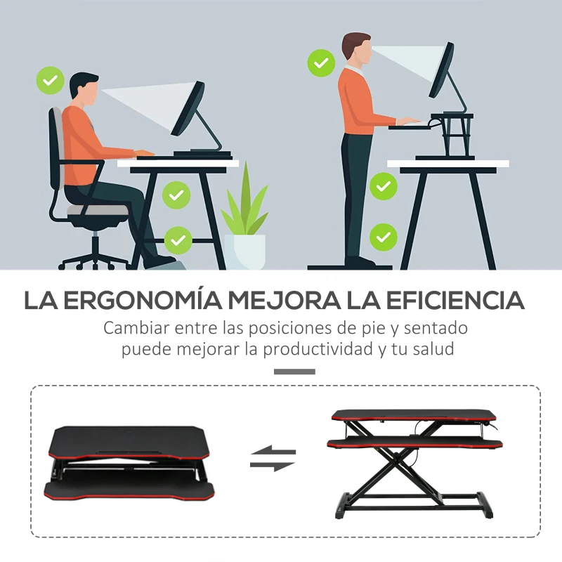 Vinsetto Convertidor de Escritorio de Pie con Altura Ajustable de 11-50,5 cm Bandeja para Teclado Desmontable y Plataforma de 80x40 cm Estación de Trabajo 80x40x50,5 cm Negro