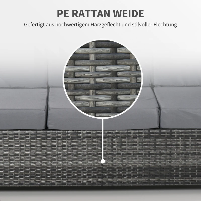 Outsunny Poly-Rattan Sofa mit Kissen 3-Sitzer Garten Loungesofa Metall Polyester Grau 185 x 70 x 80 cm