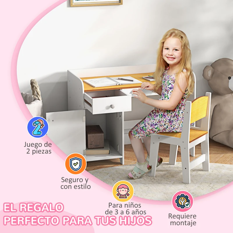 ZONEKIZ Escritorio para Niños con Silla Conjunto de Escritorio de 2 Piezas con Cajón y Armario Blanco y Natural