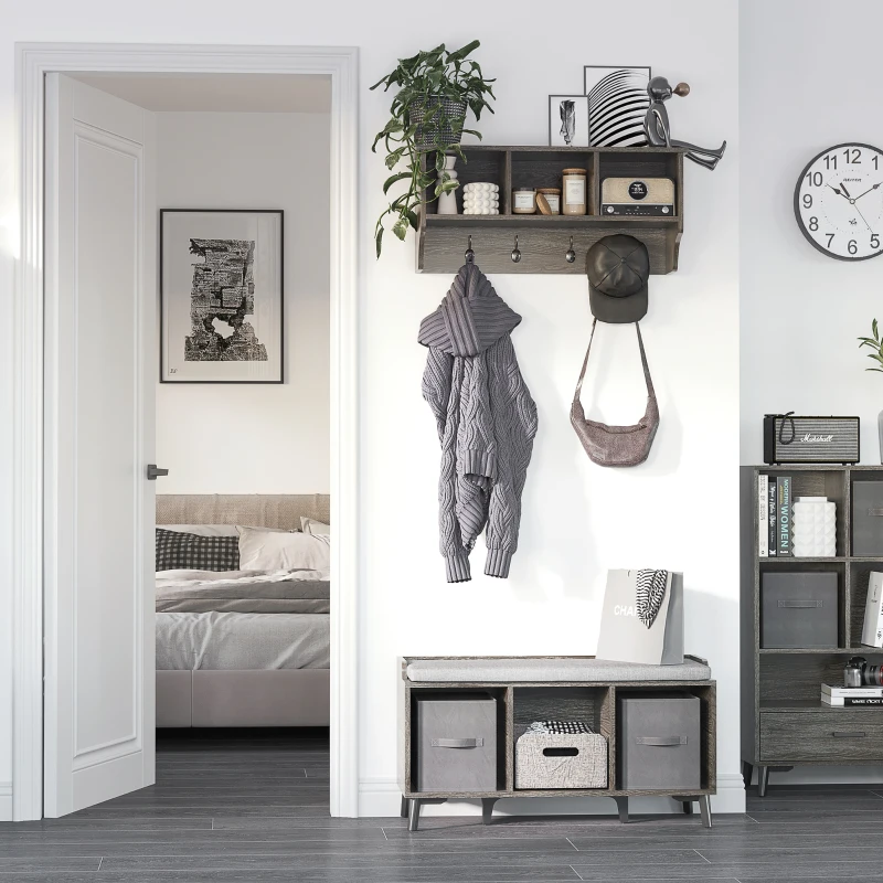 HOMCOM Porte-manteau Mural avec 3 Casiers de Rangement, Étagère Murale avec 4 Crochets, Étagère Suspendue avec cases, pour Entrée, Chambre, Salon Rustique - 80 x 24 x 35,5 cm