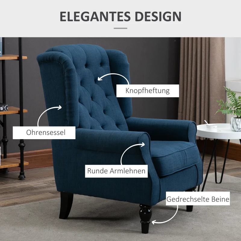 HOMCOM Eleganter Ohrensessel, dick gepolstert, abnehmbarer Bezug, 74 x 86 x 102 cm, Blau(m-4)