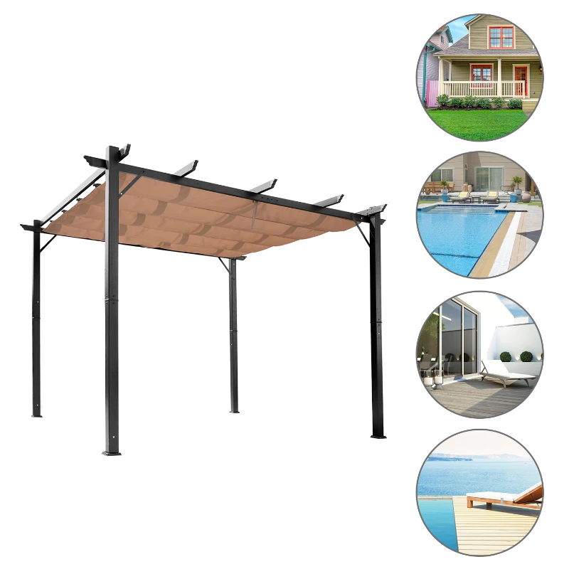 Outsunny Pergola Rétractable en polyester Marron Clair 4 x 3 x 2,65 m