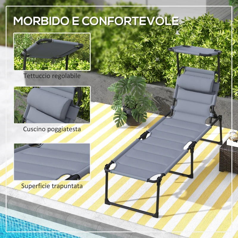 Outsunny Lettino Prendisole Pieghevole con Schienale Regolabile a 4 Livelli, Cuscino e Imbottitura, Grigio