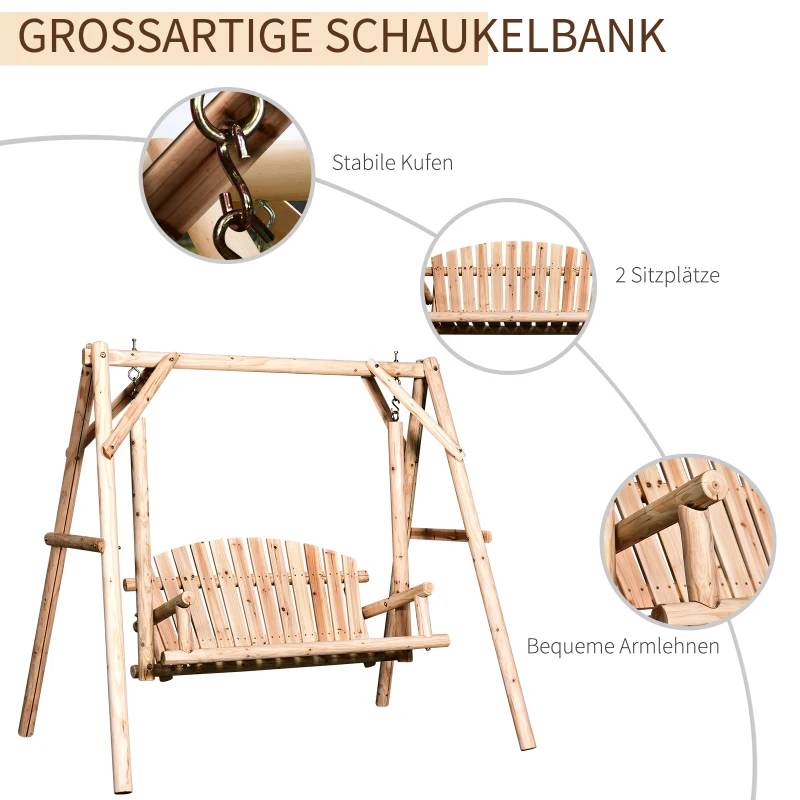 Outsunny Hollywoodschaukel Schaukelbank Outdoor-Schaukel Hängebank 2-Sitzer Holz-Gartenschaukel Massivholz Natur 187 x 137 x 167 cm
