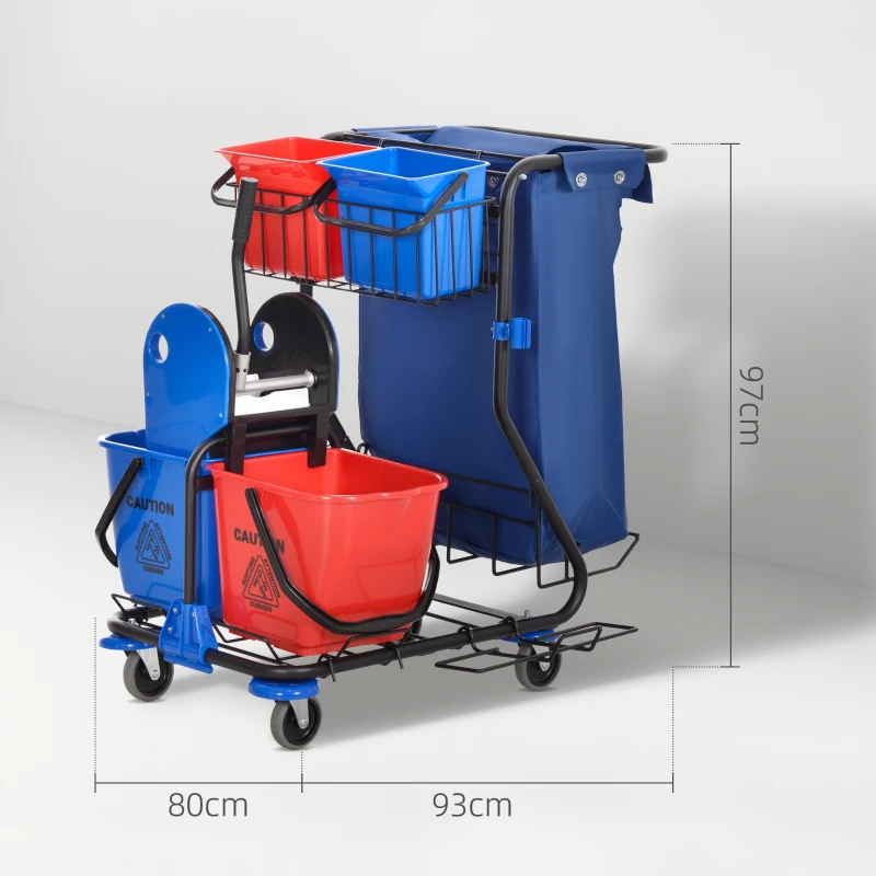 HOMCOM Carro de Limpieza con Bolsa Doble Cubo de 18 Litros Escurridor 2 Cubetas Auxiliares 93x80x97 cm Rojo y Azul