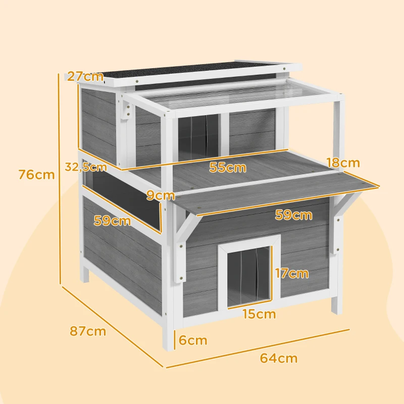 PawHut 2-stöckiges Katzenhaus mit Balkon, Wetterfeste Katzenhütte, Regen- und Sonnenschutz, für drinnen und draußen, Hellgrau(m-3)