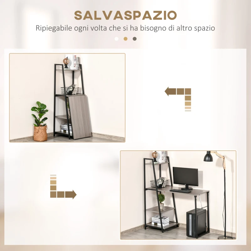 HOMCOM Scrivania Pieghevole con Libreria Salvaspazio a 4 Livelli in Metallo Nero e Legno Grigio, 106x48x128cm