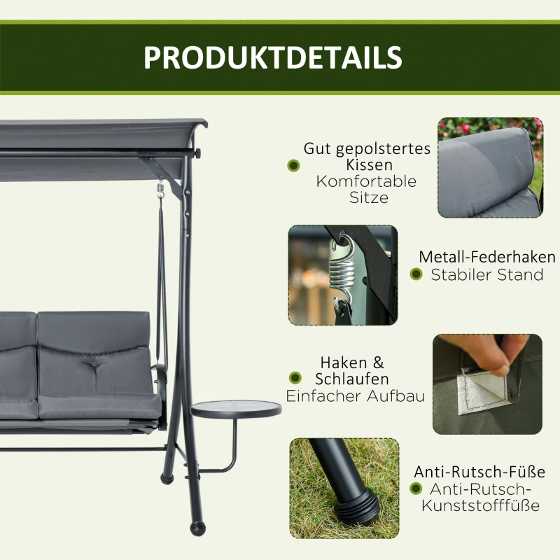 Outsunny Hollywoodschaukel 3-Sitzer Gartenschaukel Schaukelbank mit verstellbarem Sonnendach Teetisch Stahl Polyester Grau+Schwarz 271 x 125 x 177 cm