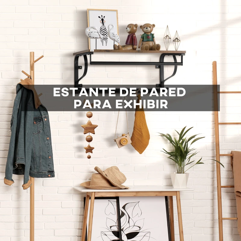 HOMCOM Estantería de Pared Balda Flotante con 5 Ganchos y 1 Barra para Colgar 66x30x27 cm Natural y Negro