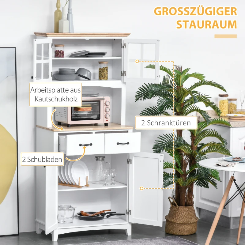 HOMCOM Küchenschrank, Hochschrank mit Glastüren, 2 Schubladen, Küchenbuffet mit verstellbaren Ablagen, Kommode, MDF, Gummiholz, 74 x 40 x 172 cm