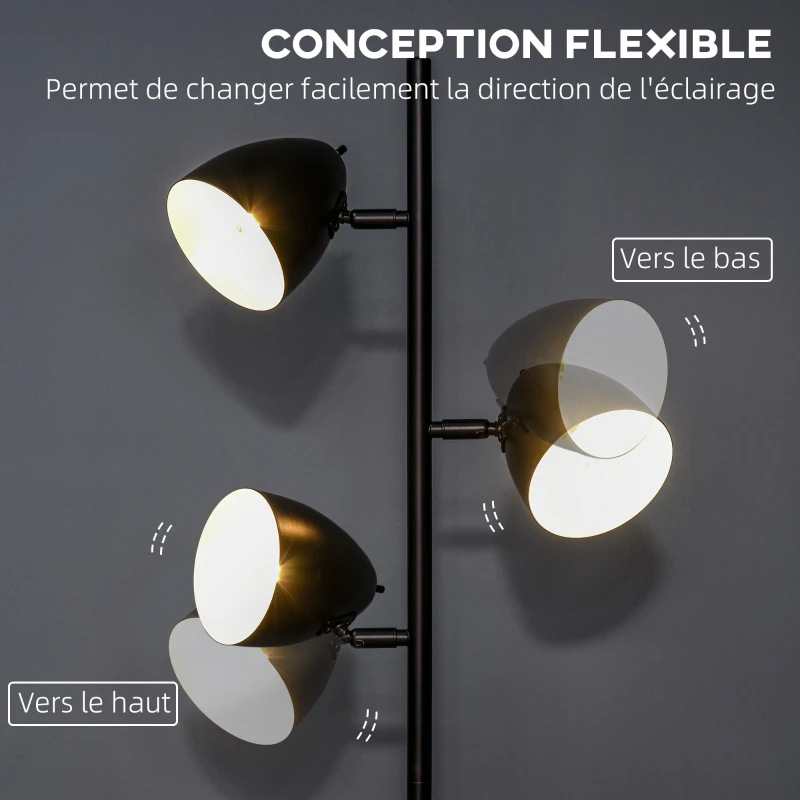 HOMCOM Lampadaire sur pied salon style industriel 3 abat-jours orientables en acier 38 x 28 x 169 cm noir