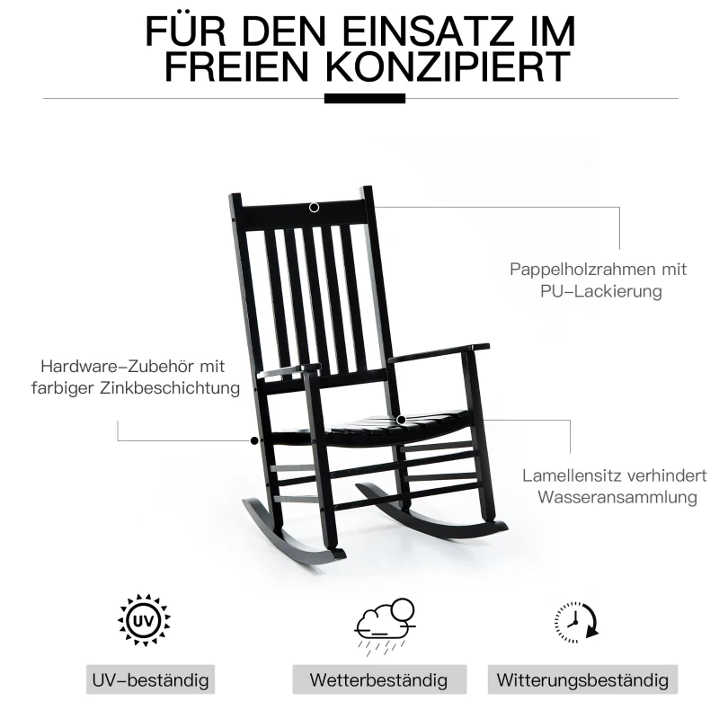 Outsunny Schaukelstuhl aus Holz mit Armlehne Schwingsessel Relaxstuhl Gartenstuhl Schwarz 69 x 86 x 115 cm