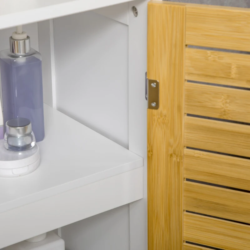 kleankin kleinkin Badezimmerschrank Badkommode, einstellbare Einlegeböden, Doppeltür aus Bambus, weiß+holzfarben, 60 x 30 x 80cm