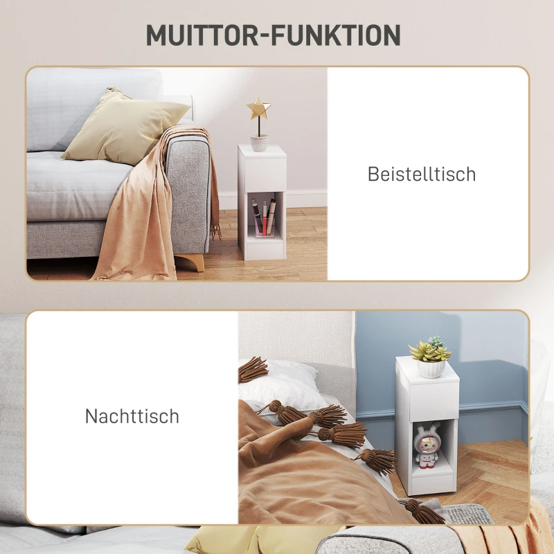 HOMCOM Nachttisch, moderner Beistelltisch mit Schublade und Regal, für Schlafzimmer, Wohnzimmer, Holz, Weiß