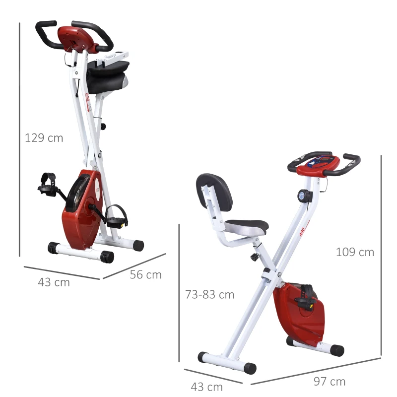 HOMCOM Bicicleta Estática Plegable con Resistencia Magnética Asiento con Altura Ajustable y Pulsómetro 43x97x109 cm Rojo(m-3)