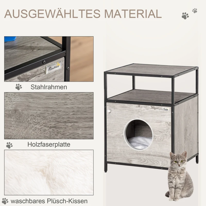 PawHut Katzenhöhle Katzenschrank Katzenbett Katzenhaus mit Tür offenem Regal Plüsch Grau+Schwarz 48 x 40 x 65,5 cm