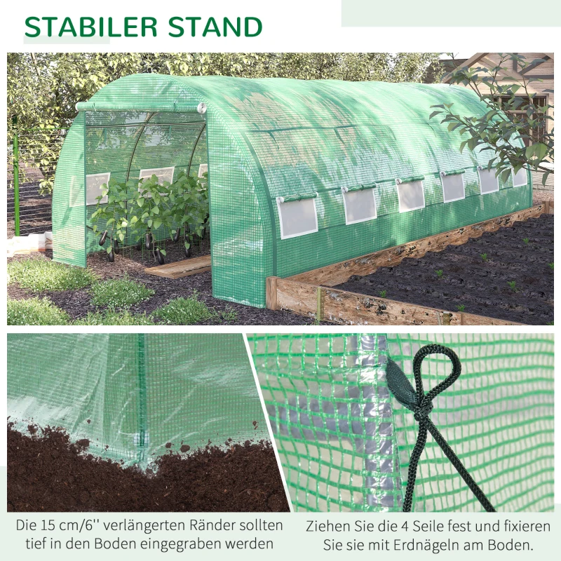 Outsunny Foliengewächshaus Polytunnel 6 x 3 x 2 m begehbares Gewächshaus mit aufrollbar Abdeckungen Folientunnel Treibhaus UV-Schutz Stahlrohr Grün