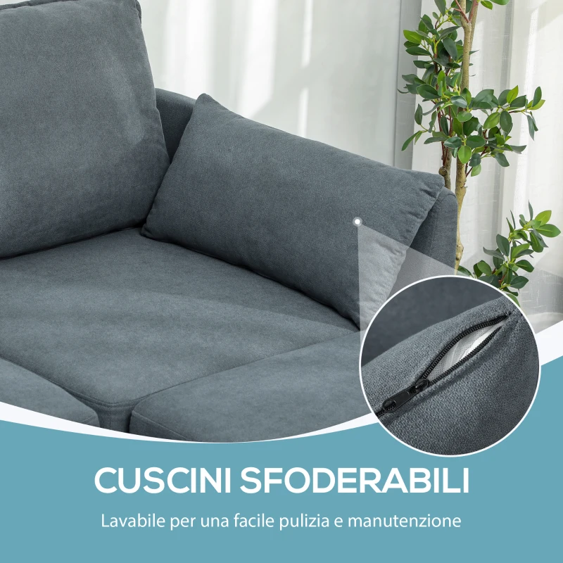 HOMCOM Divano Componibile Modulare 3 Posti con Pouf Poggiapiedi e Cuscini, Rivestimento in Flanella, Grigio Scuro