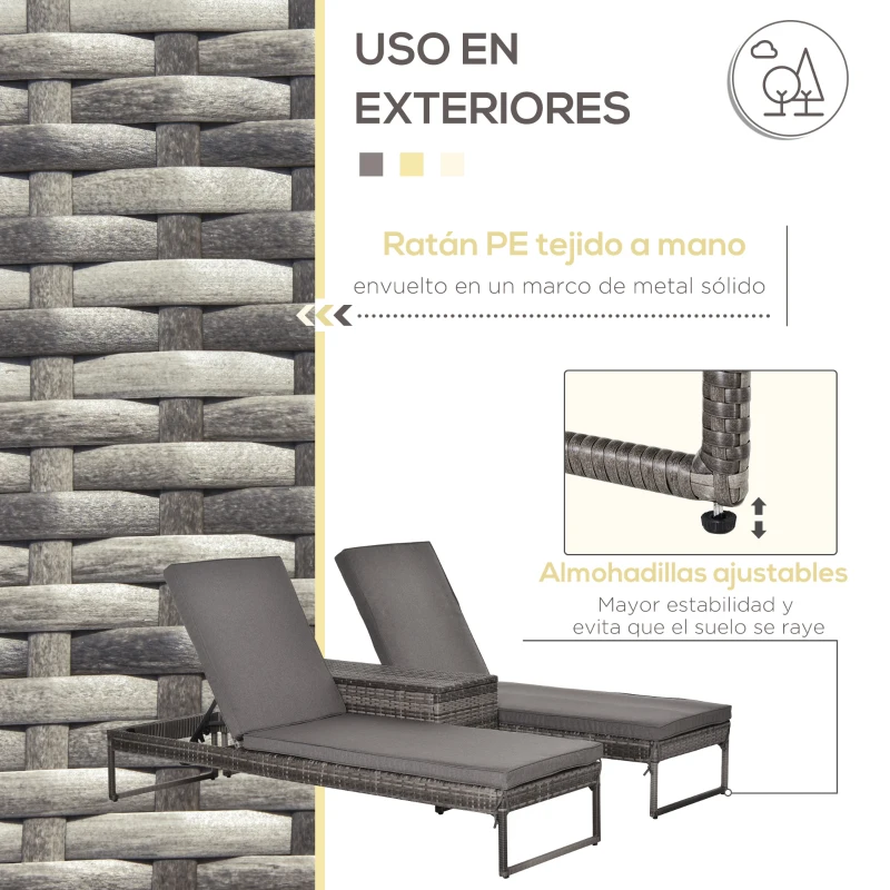 Outsunny Conjunto de 2 Tumbonas de Jardín con Cojines Acolchados Ratán con Mesa Auxiliar para Piscina o Terraza Carga 160kg 195x60x86 cm Acero Gris
