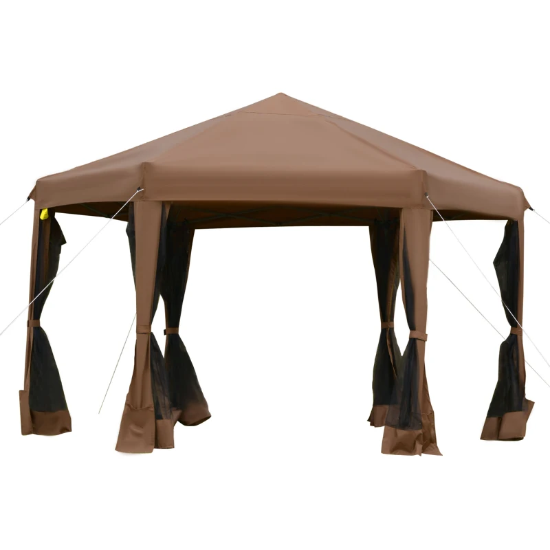 Outsunny 3.2m Pop Up Gazebo Hexagonal Canopy Tent Outdoor Sun Protection with Mesh Sidewalls, Handy Bag, Brown
