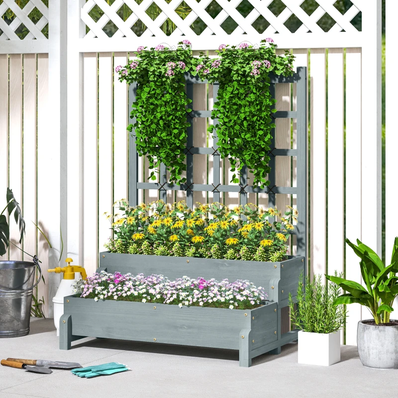 Outsunny 2-Tier Raised Garden Bed with Trellis, Wooden Elevated Planter Box with Drainage Holes, Outdoor Raised Planter for Climbing Plants, Fruits, Vegetables, Flowers, Grey