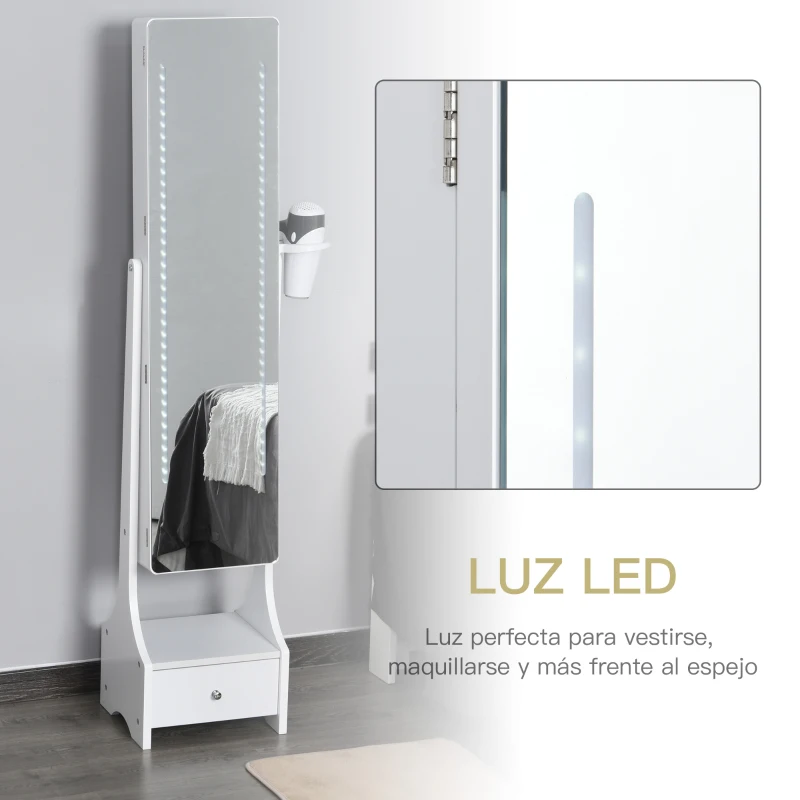 HOMCOM Armario para Joyas con Espejo de Cuerpo Entero Ángulo Ajustable con Cajón y Colgador para Secador 37x30x158 cm Blanco