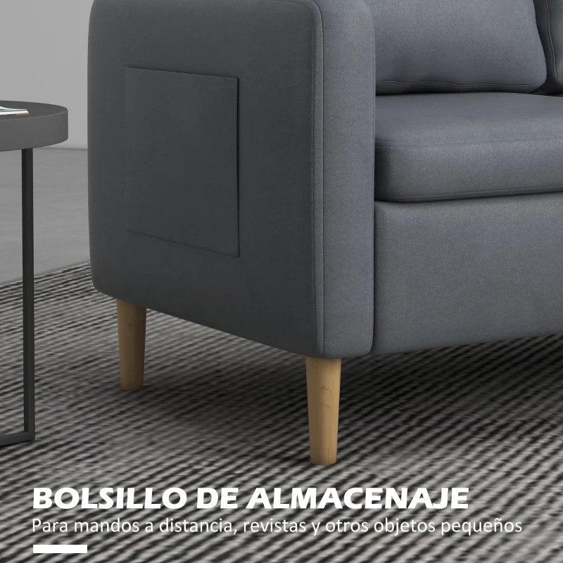 HOMCOM Sofá de 2 Plazas Tapizado en Poliéster con 2 Bolsillos Laterales Reposabrazos y Patas de Madera 143x76x83 cm Gris