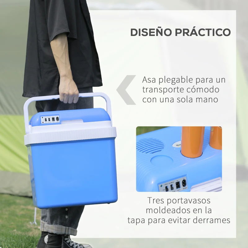 Outsunny Nevera Termoeléctrica Portátil 24L Nevera Eléctrica para Coche con Funciones de Enfriamiento y Calentamiento 220-240V/12V DC para Camping Picnics Viajes 40x30x43 cm Azul