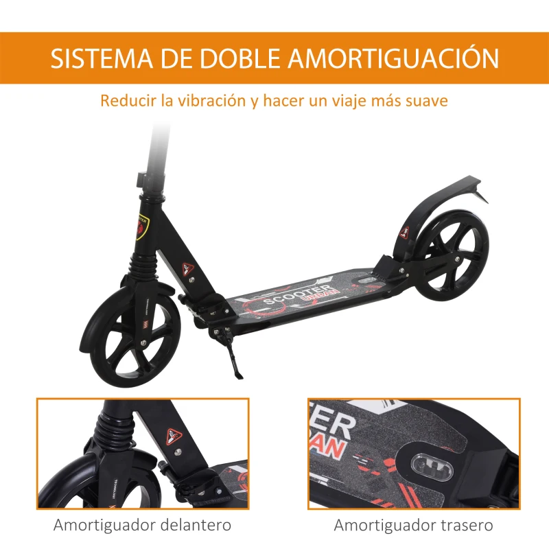 HOMCOM Patinete Plegable Scooter con Manillar Altura Ajustable Patinete Ligero para Adultos y Niños (más de 14 años) Tipo Monopatín con Freno Grandes Ruedas Ø200 mm Aluminio Carga 100kg