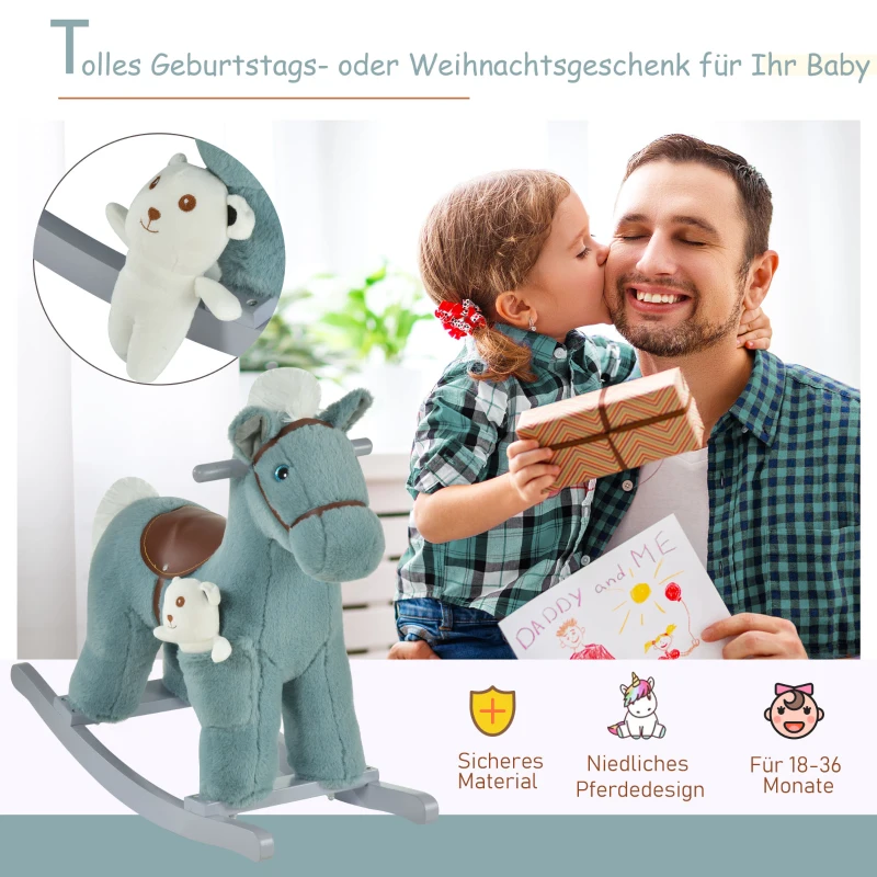 HOMCOM Kinder Schaukelpferd Baby Schaukeltier mit Tiergeräusche Spielzeug Haltegriffe für 18-36 Monate Plüsch Blau 65 x 26 x 55 cm