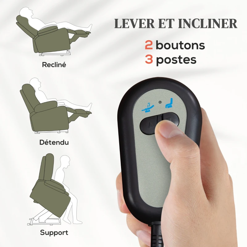 HOMCOM Fauteuil releveur relax électrique, fonction massage et chaleur, inclinaison réglable, repose-pied, télécommandes, vert(m-4)