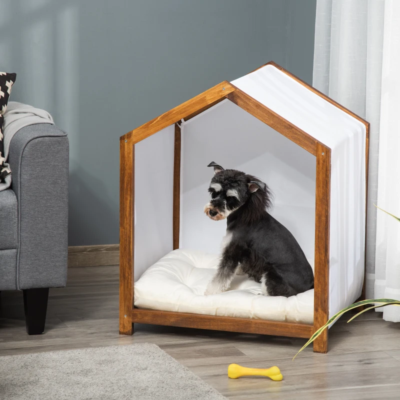 PawHut Niche d'intérieur pour chien en bois et tissu style cabane scandinave avec coussin moelleux