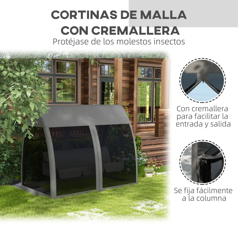 Outsunny Balancín de Jardín de 3 Plazas Convertible en Cama Columpio con Mosquitera Estructura de Metal 240x140x197 cm Gris