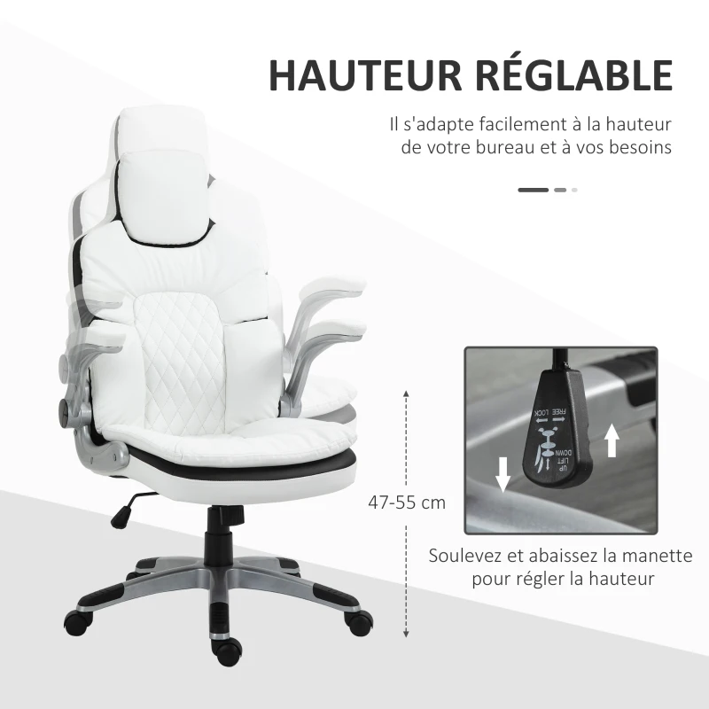 HOMCOM Fauteuil de bureau manager gaming style baquet racing dossier assise capitonné revêtement synthétique blanc noir