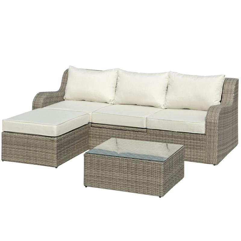 Outsunny Polyrattan Gartenmöbel Set für 3 Personen Gartengarnitur mit Beistelltisch Kissen Aluminium Hellgrau+Beige