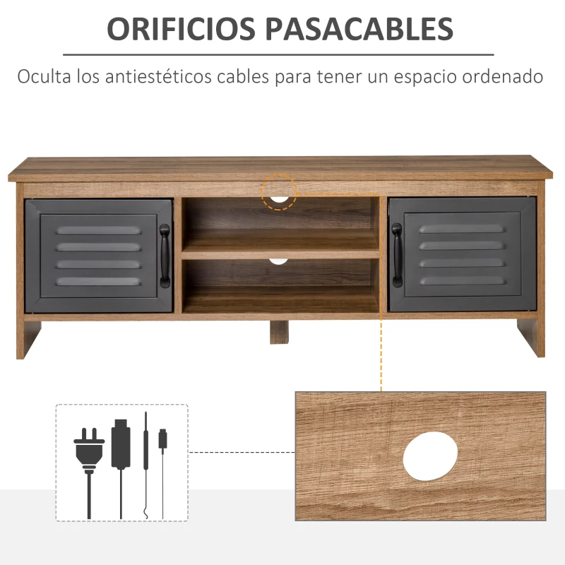 HOMCOM Mueble de TV para Televisores de 42" con 2 Compartimentos Cerrados con Puertas de Metal y 2 Estantes Abiertos Mueble de salón moderno Mesa para televisor 109x35x38 cm Madera Natural y Gris