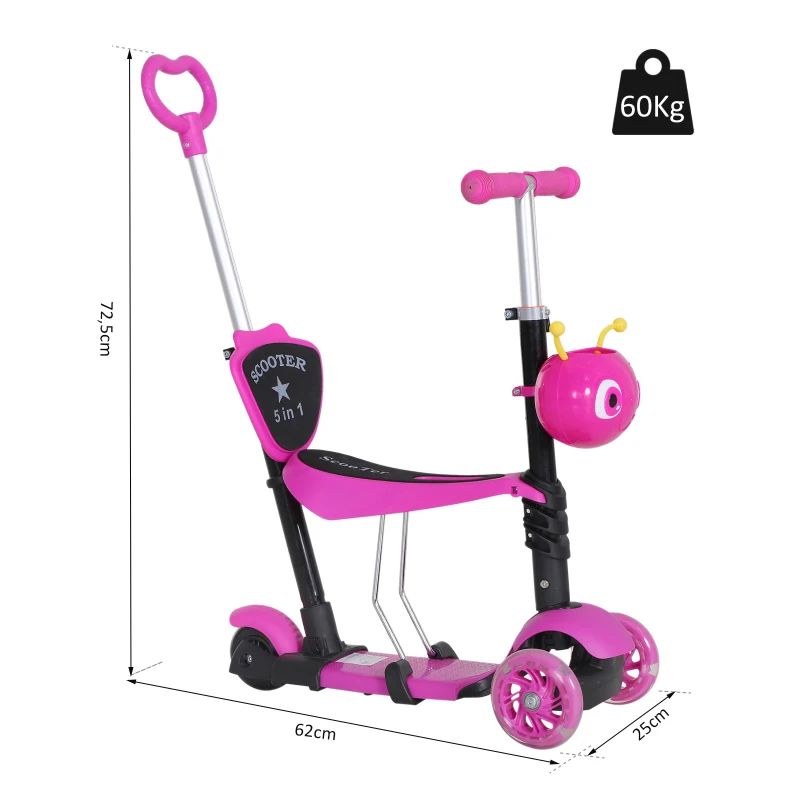 HOMCOM 5-in-1 Kinderroller höhenverstellbarer Tretroller Cityroller Scooter Kinder Roller Kickboard Lenker Teleskoprohr Rosa 62 x 25 x 72,5 cm