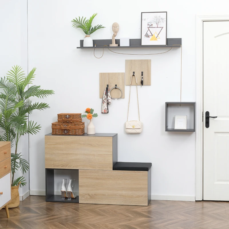 HOMCOM Set Mobile da Ingresso con Attaccapanni, Scarpiera con Panca e Scaffale, Grigio e Naturale