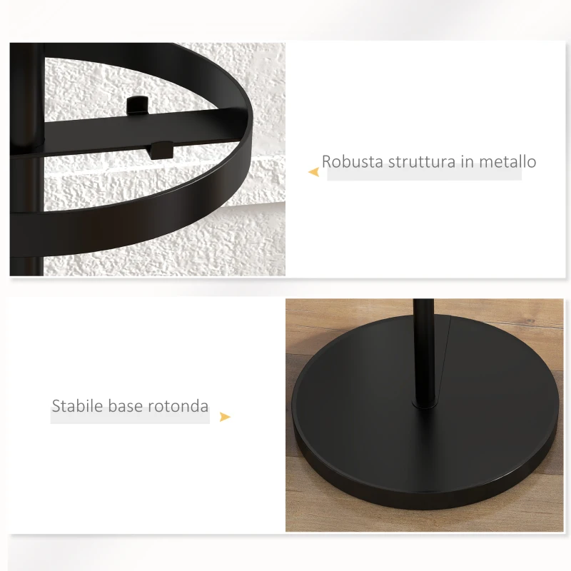 HOMCOM Appendiabiti da Terra con Portaombrelli e 8 Ganci a Disco in Metallo Ø34 x 177cm, Nero