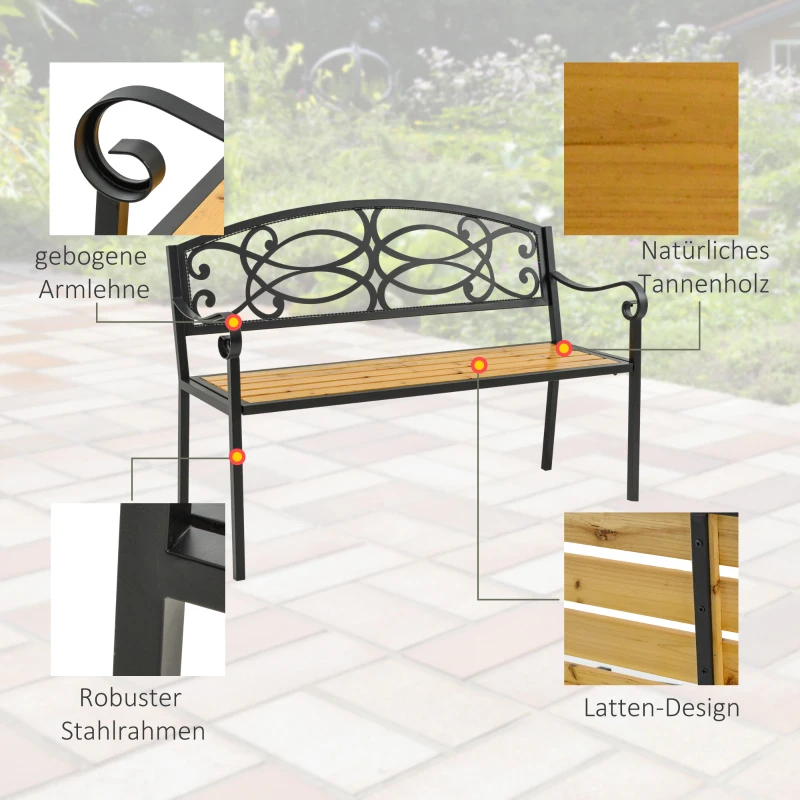 Outsunny Gartenbank 2-Sitzer Sitzbank aus Holz Metall Parkbank bis 220 kg Bank Terrassenbank mit Rückenlehnen Gartenmöbel Massivholz Schwarz+Natur 127 x 52 x 88 cm