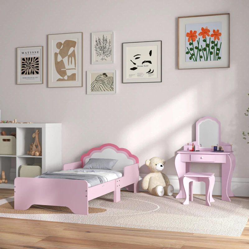 ZONEKIZ Wooden Kids Bedroom Furniture Set with Kids Dressing Table, Stool, Bed, for 3-6 Years, Cloud-Design