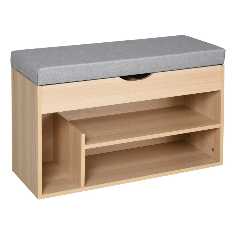 HOMCOM Schuhbank, Sitzbank, Sitztruhe, 2-in-1 Design mit Schuhregal, Versteckten Fach, gepolsterte Schuschrank mit Stauraum für Flur, Leinen, Natur+Grau, 80 × 30 × 48 cm