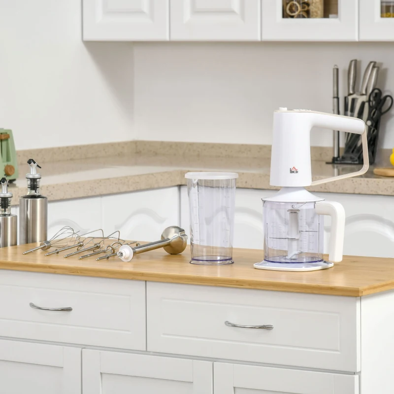 HOMCOM 5-In-1 Hand Mixer 500W Electric Whisk Five Speed w/ Stainless Steel Dough Hook Beater Blender Chopper for Kitchen Baking - White