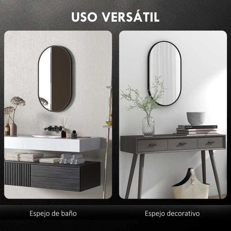 HOMCOM Espejo de Baño Ovalado 40x70 cm Espejo Decorativo de Pared con Marco de Aluminio para Salón Horizontal o Vertical Negro